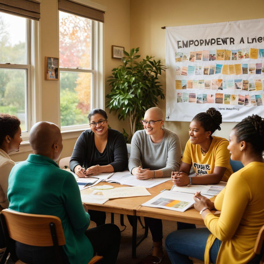An inspiring scene depicting a diverse group of cancer survivors engaging in a support group session, surrounded by educational materials like books and charts. The atmosphere is warm and hopeful, with soft lighting highlighting the smiles and connections among participants. In the background, a large banner reading 'Empowerment through Education' hangs, symbolizing growth and resilience. Include elements like plants or a calming nature view through a window. vibrant colors. super-realistic.