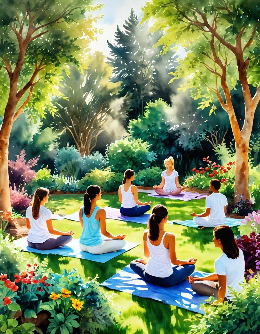 An uplifting and serene landscape featuring a diverse group of people engaging in healthy activities like yoga and preparing nutritious meals in a sunlit garden, symbolizing recovery and vitality. Include vibrant fruits and vegetables surrounding them, with soft sunlight filtering through lush trees to create an atmosphere of healing and hope. Emphasize natural elements like flowers and water to represent balance and wellness. watercolor painting. soft pastel colors. warm and inviting atmosphere.