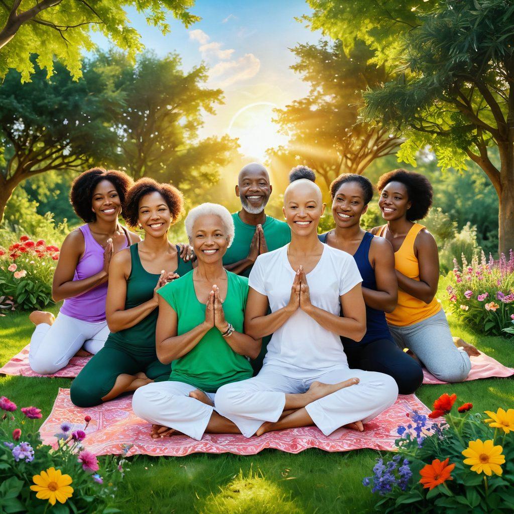 A serene depiction of a diverse group of cancer survivors sharing smiles and hugs in a lush green park, surrounded by healing herbs and vibrant flowers. In the background, an uplifting sun shines down, symbolizing hope and new beginnings. Incorporate soft, warm colors to evoke a sense of comfort and support. Include elements of wellness like yoga mats, meditation cushions, and healthy foods in the scene. painting. vibrant colors. natural light.
